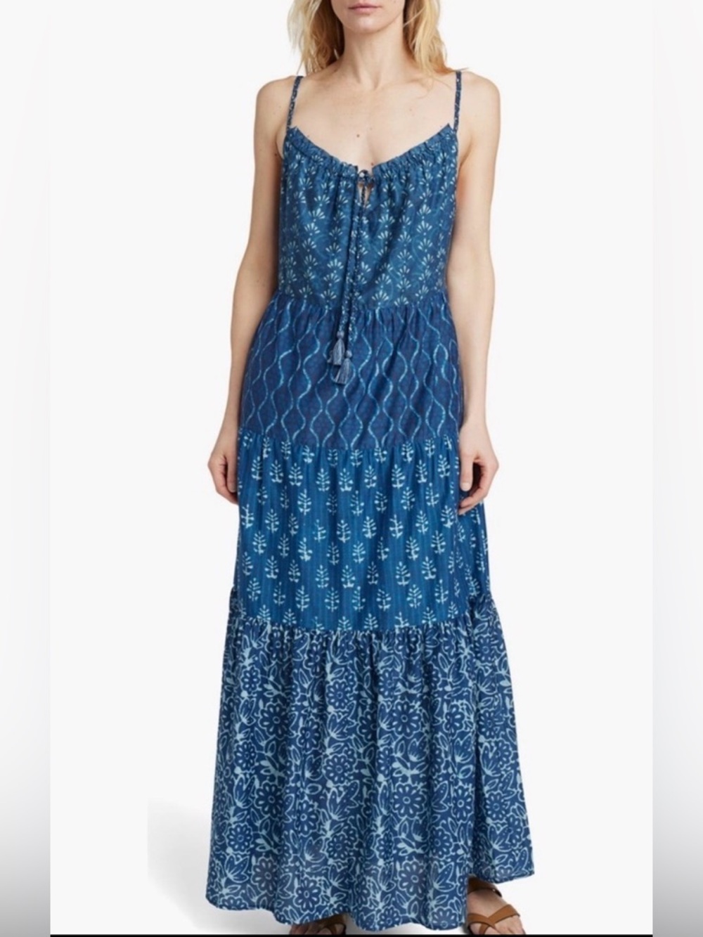 FAHERTY silk blend sun chaser maxi dress blue MWT M with pockets cotton organic